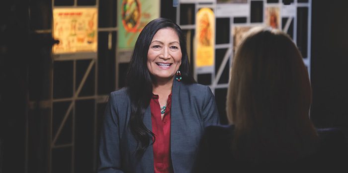 Deb Haaland being interviewed on television by Norah O'Donnell