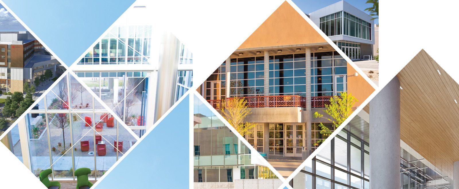 form-and-function-banner a collage diamond shapes with newer campus architecture architectural